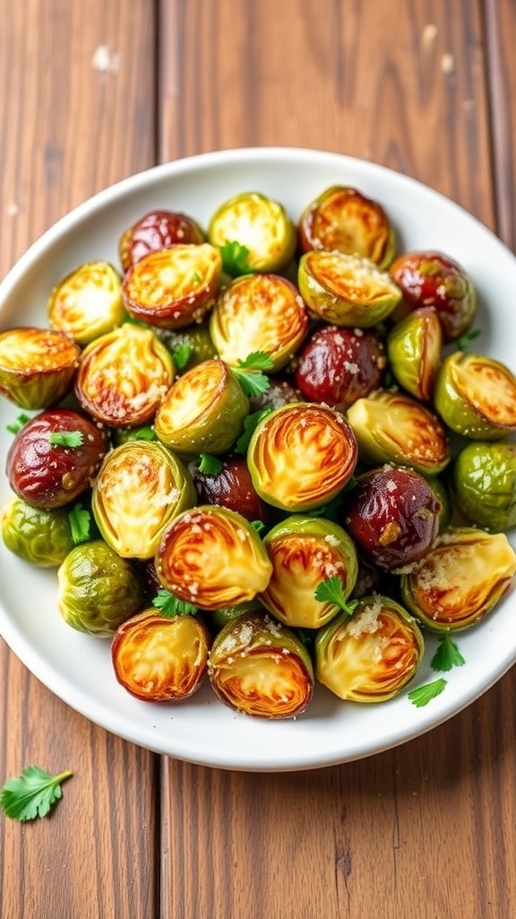 Crispy Air Fryer Brussels Sprouts with Parmesan Cheese Crispy air fryer Brussels sprouts topped with Parmesan cheese and parsley on a rustic wooden table.